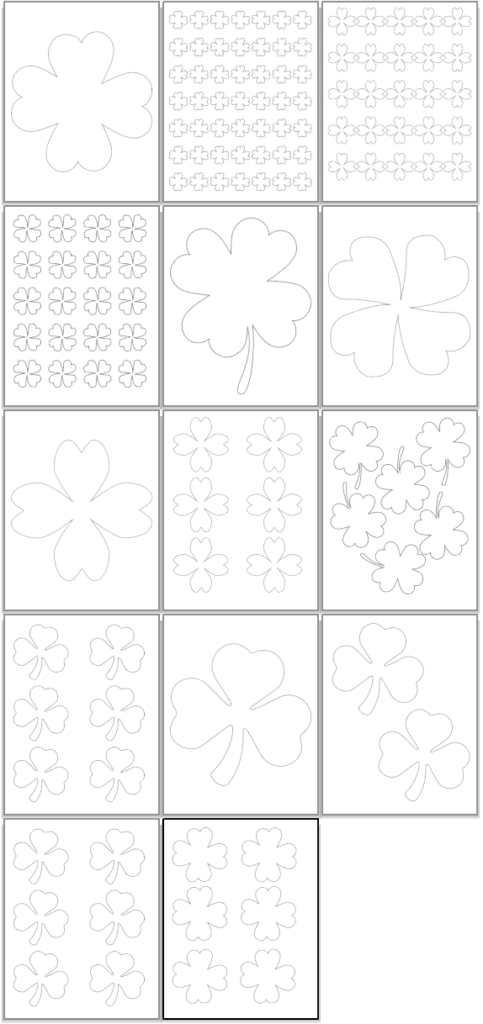 preview of free printable shamrock templates and four leaf clover outlines for St. Patrick's Day.