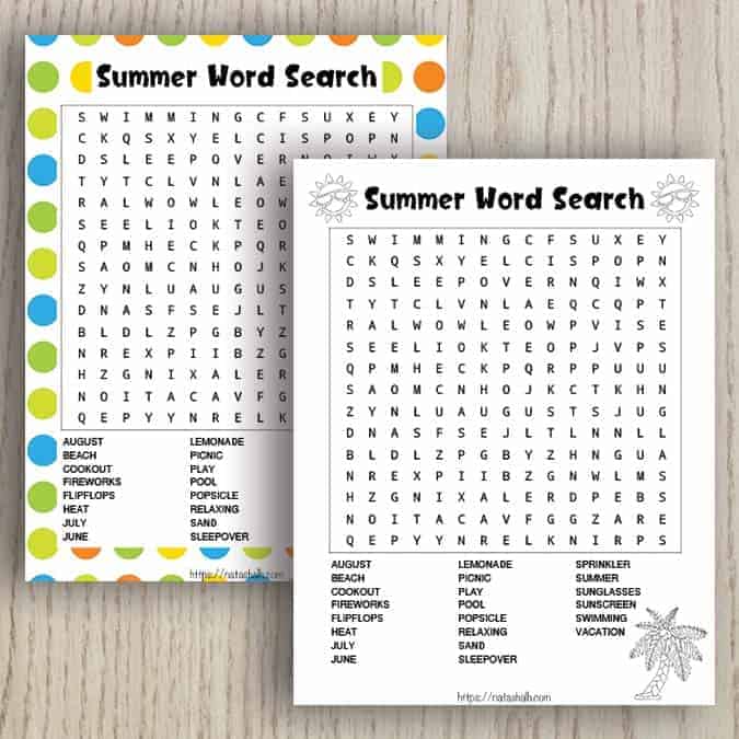 Two free printable summer break word searches on a wood background. One word search has a colorful background with dots and the other summer vacation word search is in black and white. The black and white word search is on top of the colorful word search so you can see 2/3 of the bottom printable.