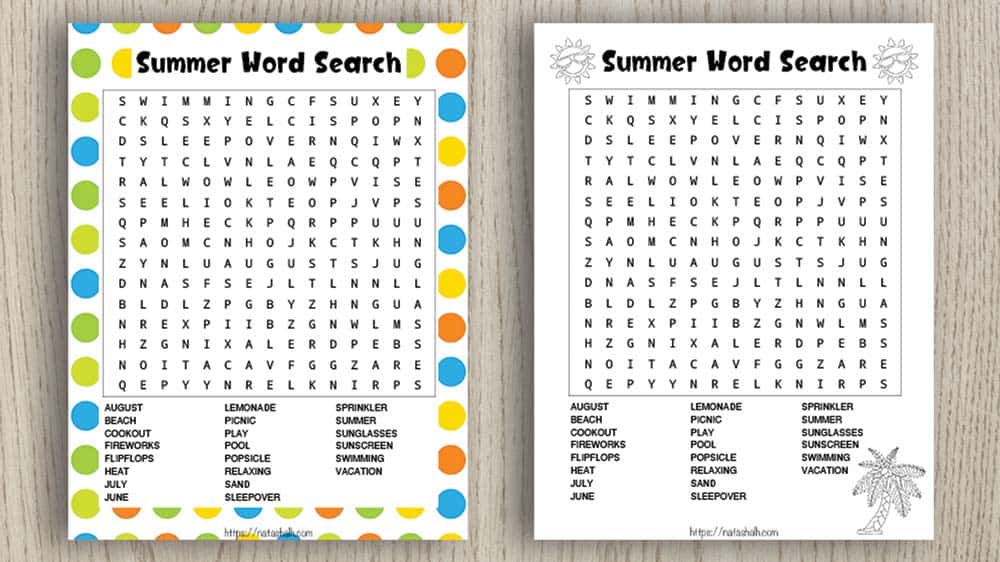 Two free printable summer break word searches on a wood background. One word search has a colorful background with dots and the other summer vacation word search is in black and white