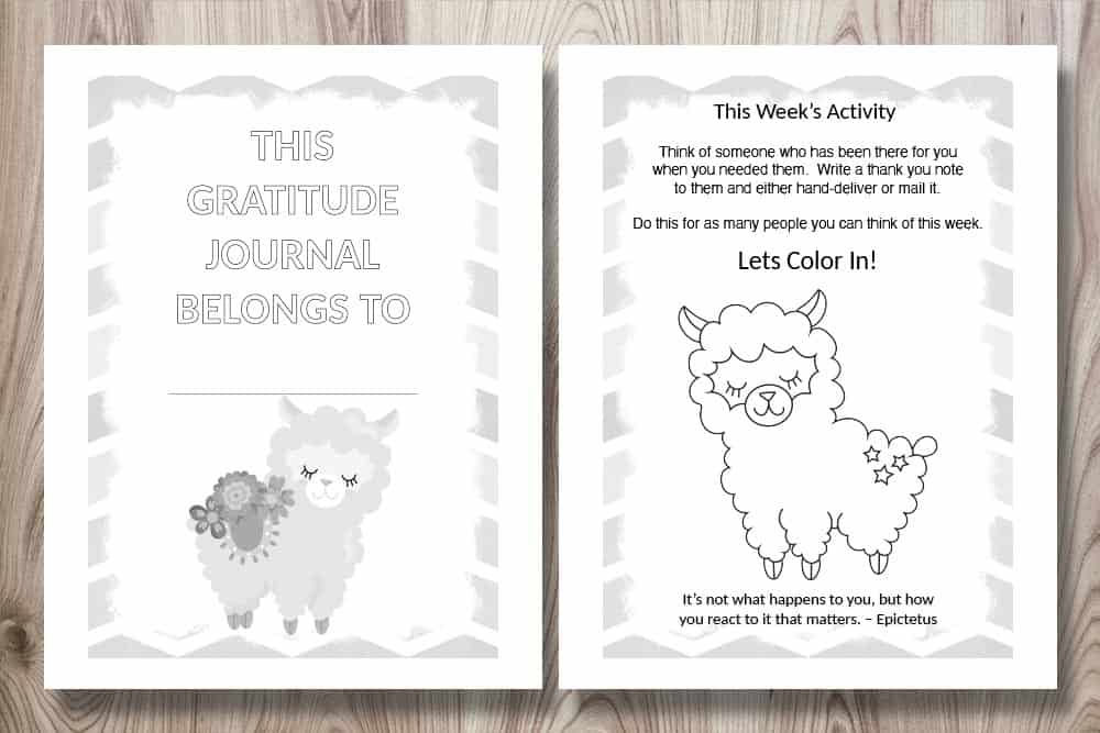 printable gratitude journal for kids preview. The pages feature cute llamas and a gratitude activity for children.