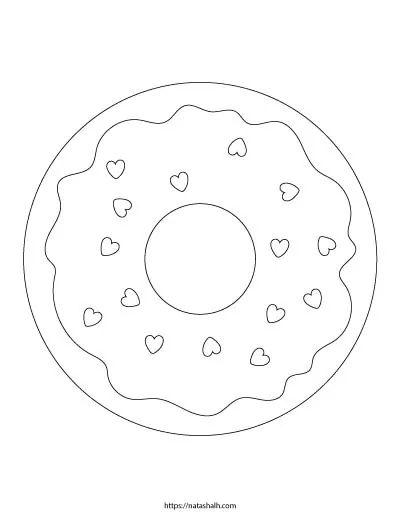 Free printable large donut coloring page with heart sprinkles 