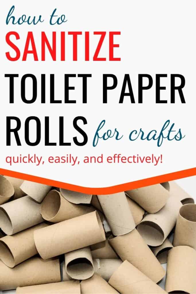 text "how to sanitize toilet paper rolls for crafts quickly, easily, and effectively" with a picture of a pile of empty toilet paper rolls 