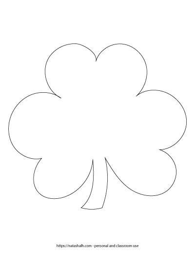 7.5" wide shamrock printable template. It is a black and white outline of a three leaf clover with a stem.