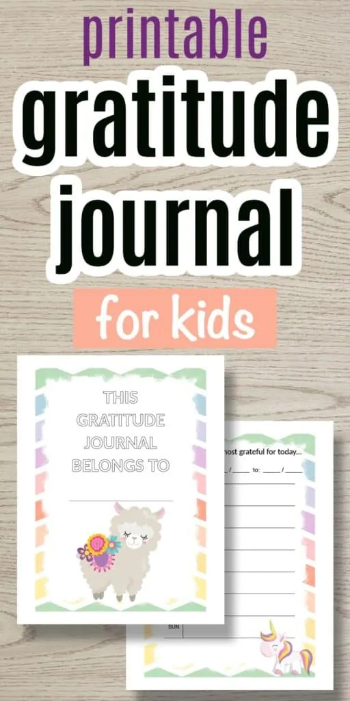 text "printable gratitude journal for kids" with a preview of a kid's gratitude journal cover featuring a cute alpaca with flowers.