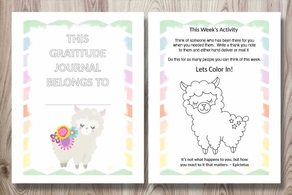 The front cover and an interior page for a colorful kid's gratitude journal. The pages feature a cute llama and a gratitude activity prompt for children.