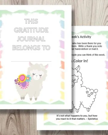preview of the front page and an interior page from a printable gratitude journal for kids. The front cover features a cartoon alpaca and the interior page has a gratitude challenge activity and an alpaca to color