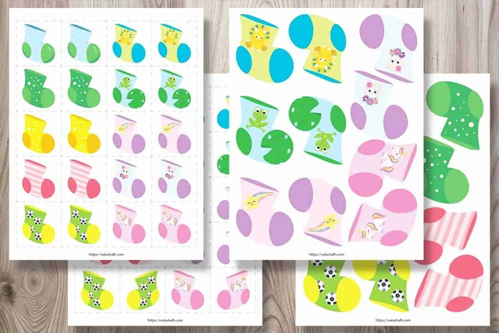 Four printable sock matching activities for toddlers. The socks are bright and colorful with dinos, stars, unicorns, frogs, and soccer balls. 