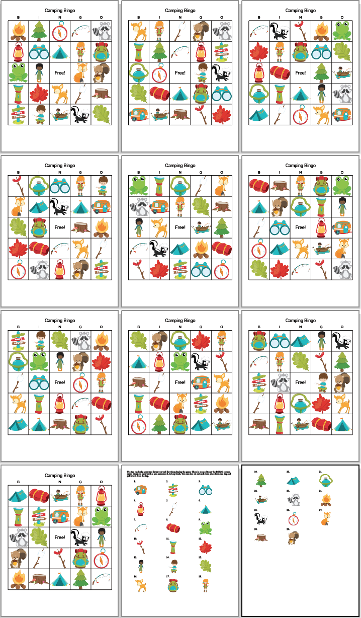 10 free printable camping bingo cards with two call cards. It is picture bingo with childish/cartoon camping images and woodland animals