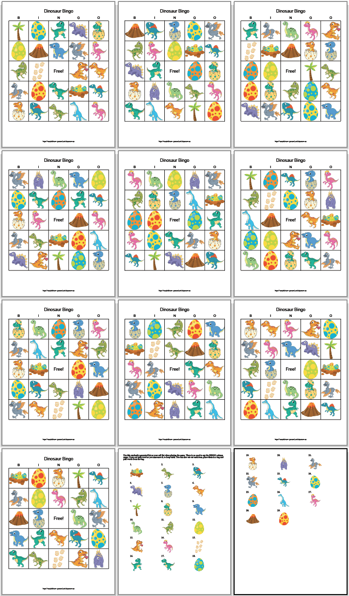 10 free printable dinosaur bingo cards featuring cartoon dino images and two sheets of call cards for printable dinosaur bingo