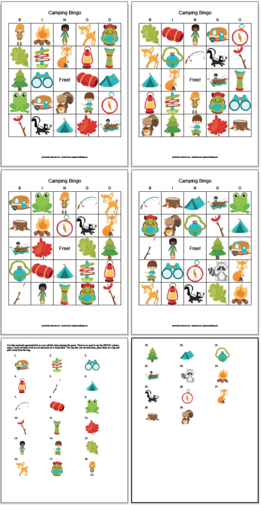 Four free printable camping bingo cards for kids with two pages of call cards