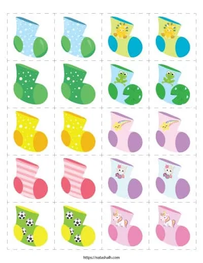 Free printable sock matching game for toddlers. There are 10 different images on 2" tiles to print and cut. 