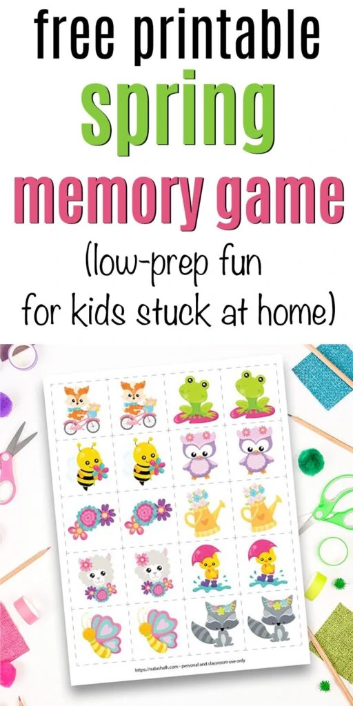 Text "free printable spring memory game (low-prep fun for kids stuck at home)" with a preview of a spring visual memory game featuring flowers and cartoon spring animals.