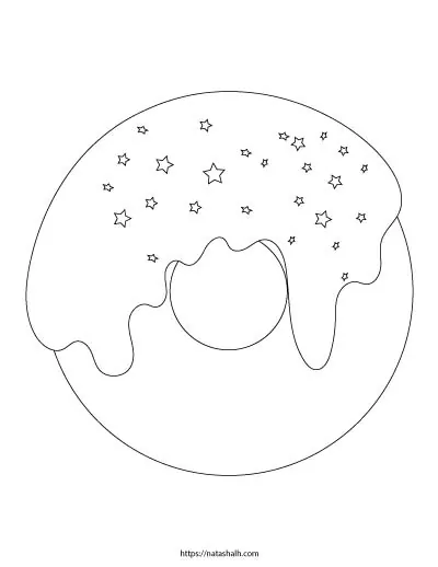 Free printable donut coloring page. The donut has dripping icing and star sprinkles