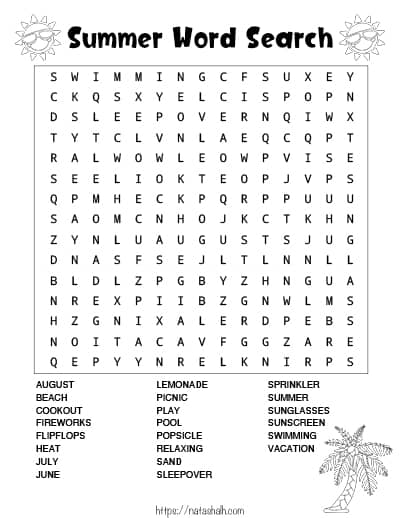 A free printable summer word search featuring two suns wearing sunglasses to color and 23 summer vacation words to seek and find
