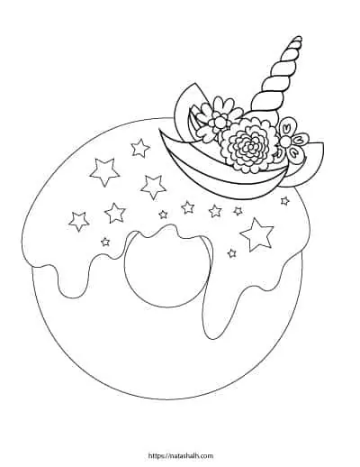 Free printable unicorn donut coloring page with star sprinkles 