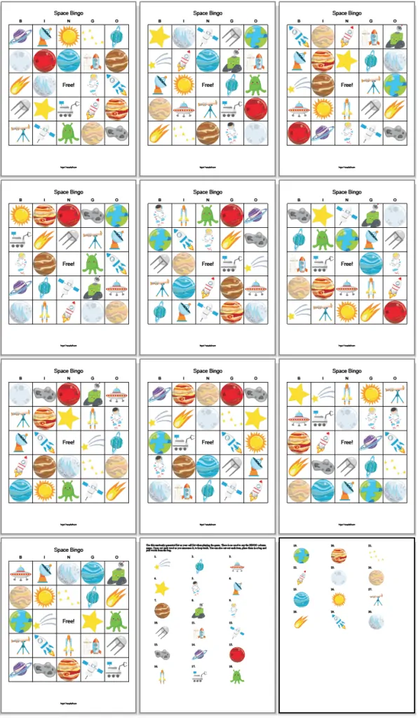 ten free printable space bingo cards and two call cards. The game features cartoon space images