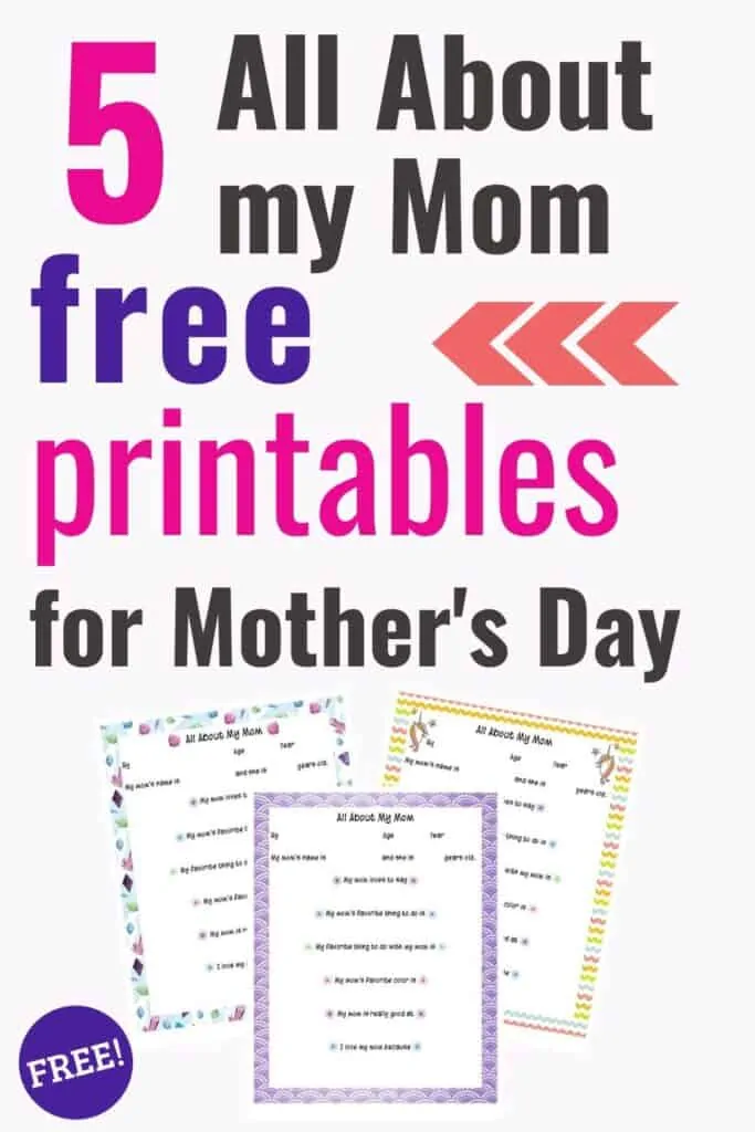 Text "5 all about my mom free printables for Mother's Day" with a preview of three free printable all about my mom questionnaires