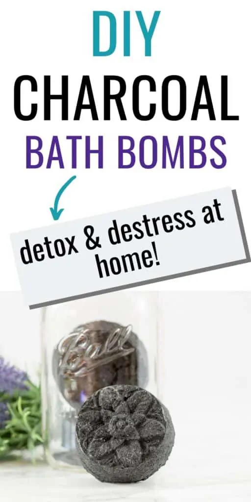 text "diy charcoal bath bombs -> detox and destress at home!" with a picture of an activated charcoal bath bomb made in a circular floral mold.