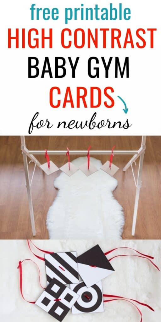 Text "free printable high contrast baby gym cards for newborns" with a picture of four high contrast black and white squares hung from red ribbons on a wood baby gym. There is a wood floor with a white lambskin beneath the gym.