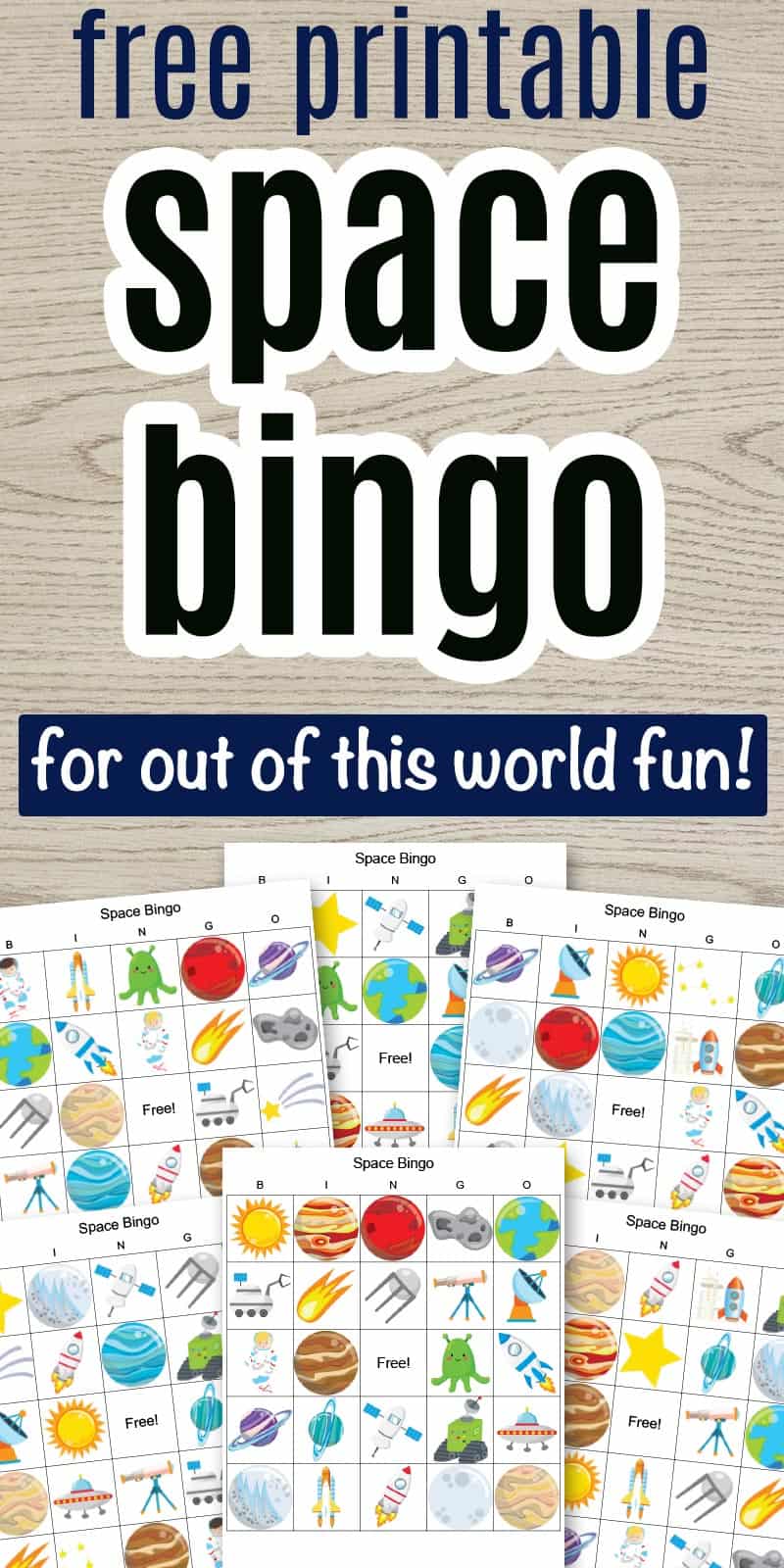 Text "free printable space bingo for out of this world fun" on a wood background with a preview of 6 outer space bingo cards featuring cartoon space images