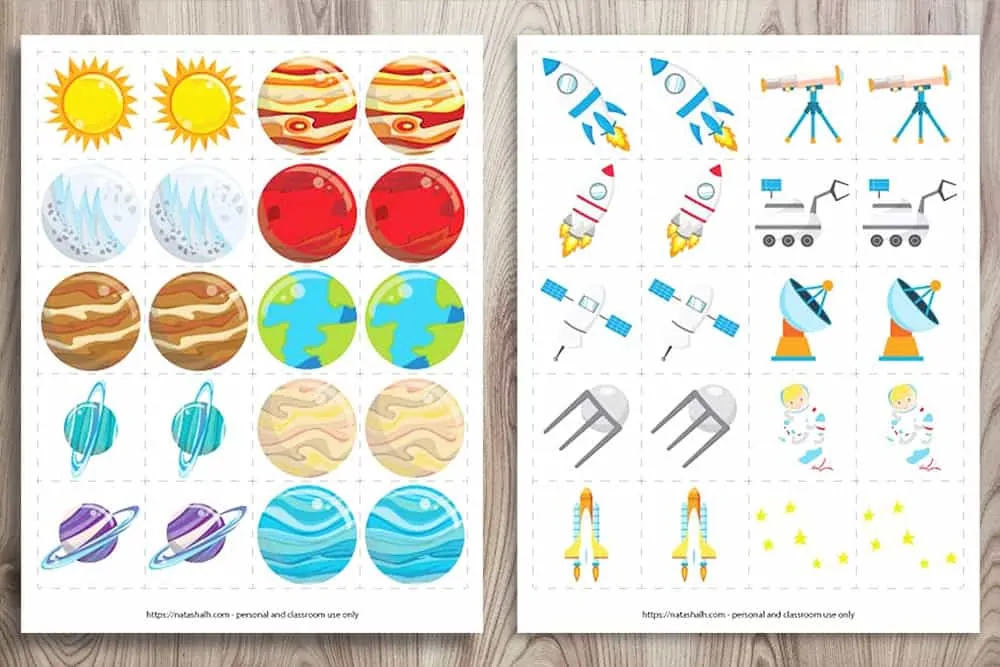 Two free printable outer space matching games. Each game features 10 pairs of cards. One has 9 planets and the Sun. The other set of cards features rockets, satellites, telescopes, and an astronaut. 
