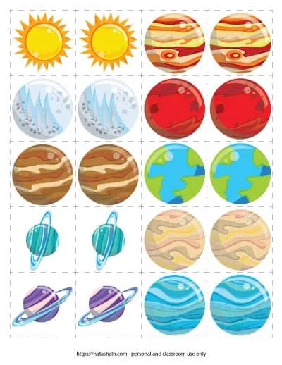 Free printable matching game featuring 9 planets of the solar system and the sun. Each image is repeated twice for a total of 20 matching game cards