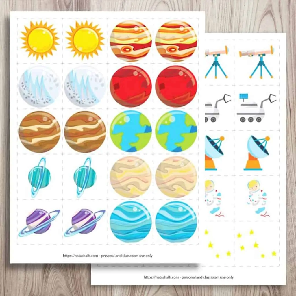 Two free printable outer space matching games. Each page has 10 pairs of images. One has cartoon planets and the other page has space images like telescopes and astronauts. Both previews are on a  wood background. 