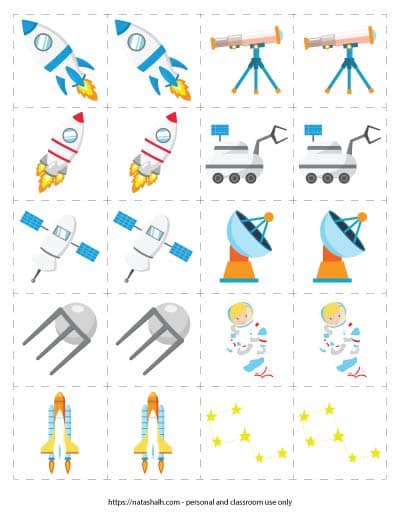Free printable space themed matching game for toddlers and preschoolers. The page has 10 pairs of space-themed images including rocket ships, telescopes, and a rover.