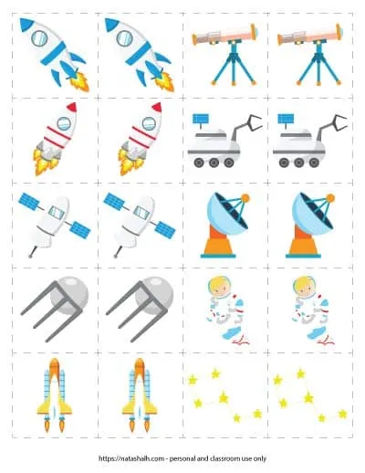 Free printable space themed matching game for toddlers and preschoolers. The page has 10 pairs of space-themed images including rocket ships, telescopes, and a rover.