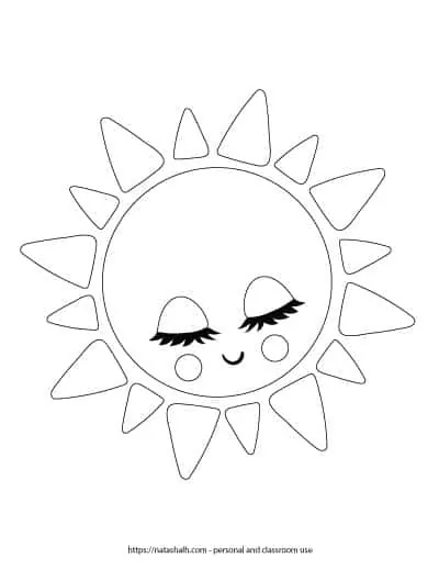 A preview of a printable black and white sun template. It is a cute sun with closed eyes, long eyelashes, cheeks, and a smile. The sun outline fills the entire page. On the bottom is written "natashalh.com - personal and classroom use only"