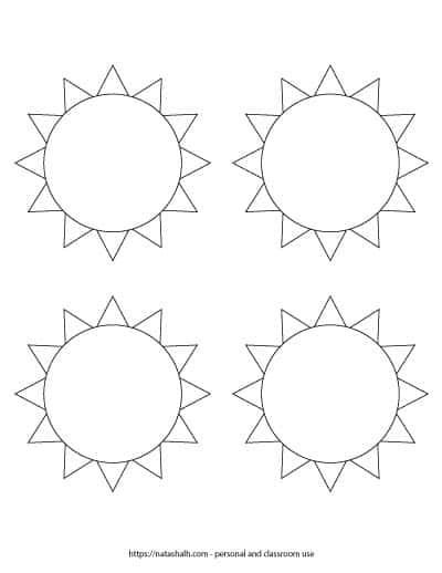 A preview of printable black and white sun templates. There are four suns on the page. Each one is 3.75" across. On the bottom is written "natashalh.com - personal and classroom use only"