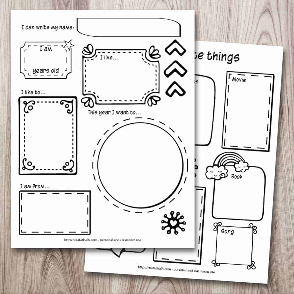 Two printable "all about me" worksheets for preschool, kindergarten, and elementary students. Both pages feature hand drawn frames. The top left page says "I can write my name: I am (blank) years old, I live... This year I want to... I like to... I am from..." Behind and to the right is a page with space for the child to write or draw their favorite things.