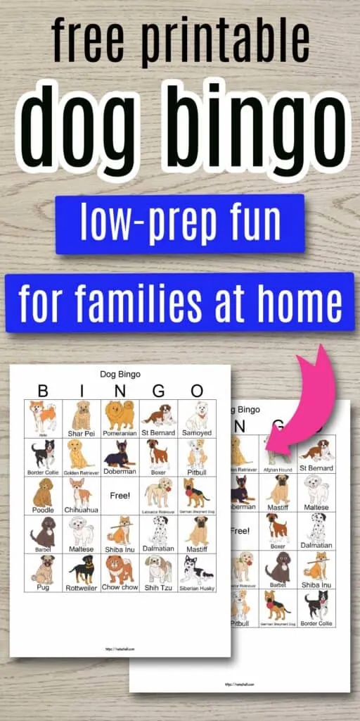 text "free printable dog bingo - low-prep fun for families at home" on a wood background and a pink arrow pointing at two printable dog bingo cards. The cards each feature 24 illustrated dog images with breed names.