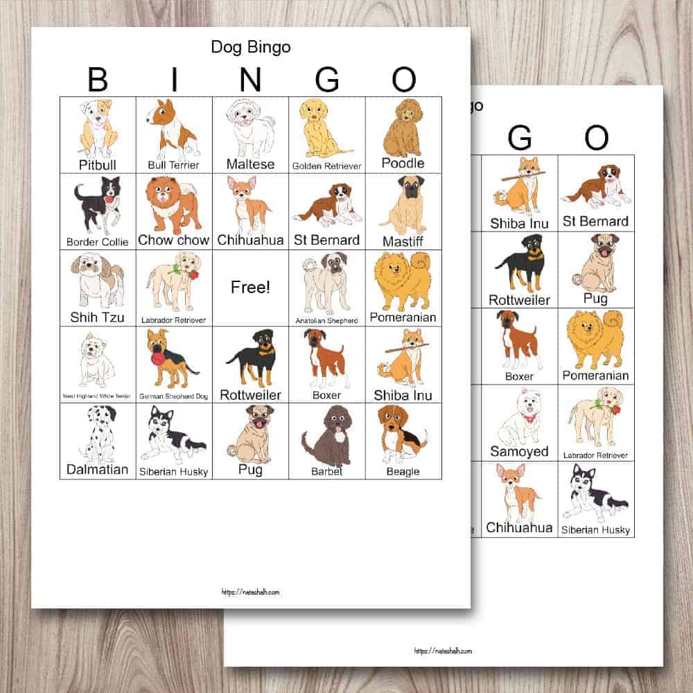 Two free printable dog bingo boards on a wood background. The cards feature different dog breeds that are listed by name and with illustrated images.