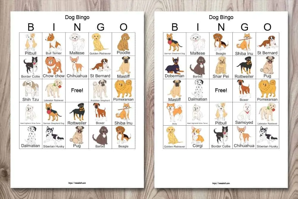 Two free printable dog bingo cards with realistic illustrations and dog names. 