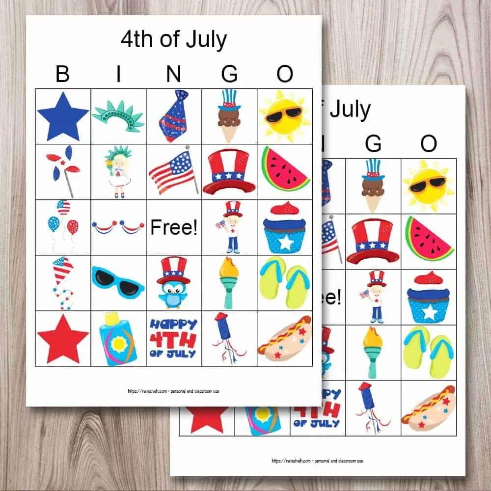 Two free printable 4th of july bingo boards featuring cartoon patriotic American images