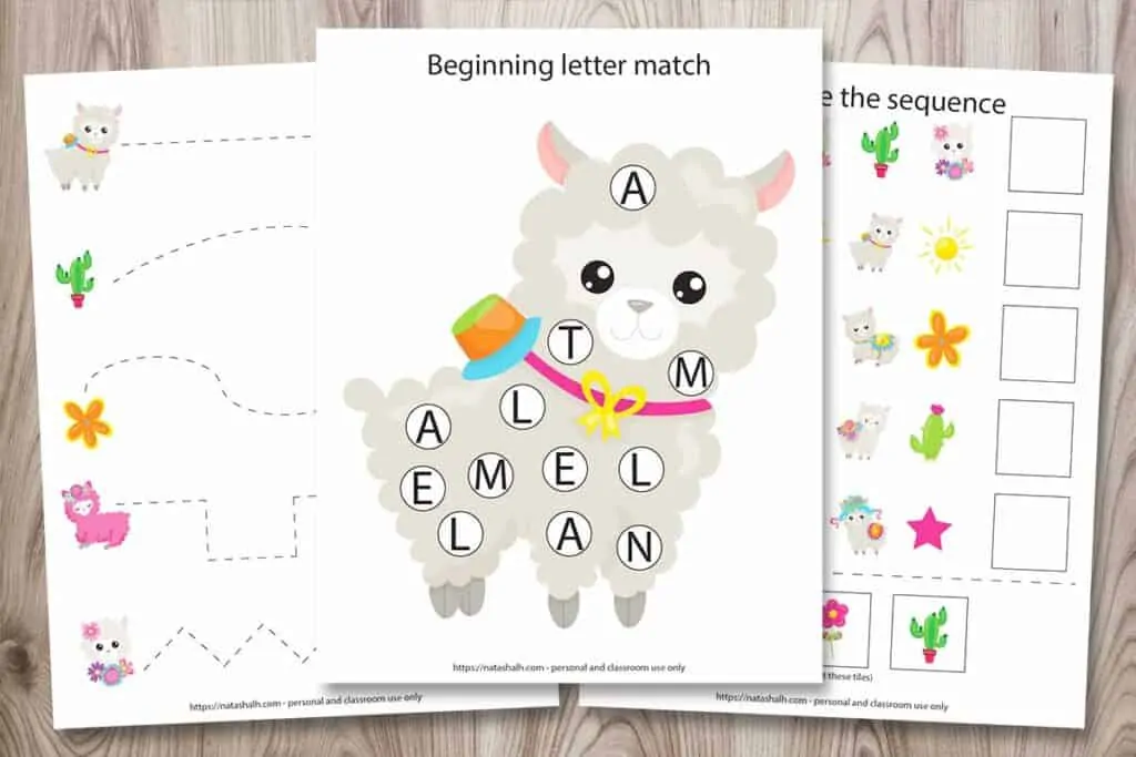 Three pages from a 25+ printable llama preschool learning pack. The front image is a beginning letter match do a dot printable with a cartoon image of a llama. Behind it are a prewriting tracing worksheet and a complete the sequence worksheet. All pages are on a wood background. 