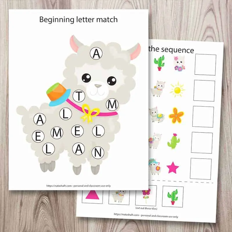 Two pages from a 25+ printable llama preschool learning pack. The front image is a beginning letter match do a dot printable with a cartoon image of a llama. Behind it is a complete the sequence worksheet. The pages are on a wood background. 