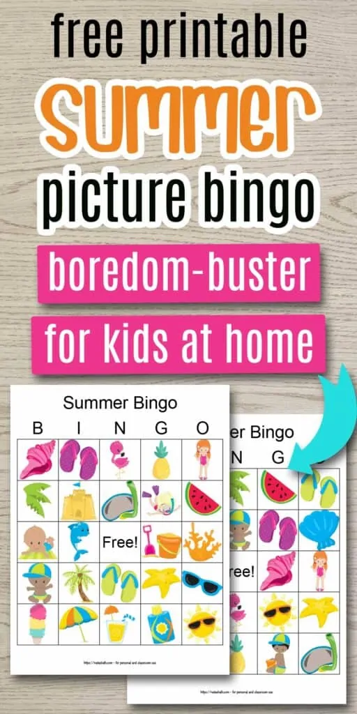 Text "free printable summer picture bingo - boredom-buster for kids at home" on a wood grain background. Below the text are previews of two printable summer bingo cards with blue arrow pointing at the lower card. The cards feature cartoon summery images like a flamingo, pineapple, sand castle, starfish, and palm tree. 