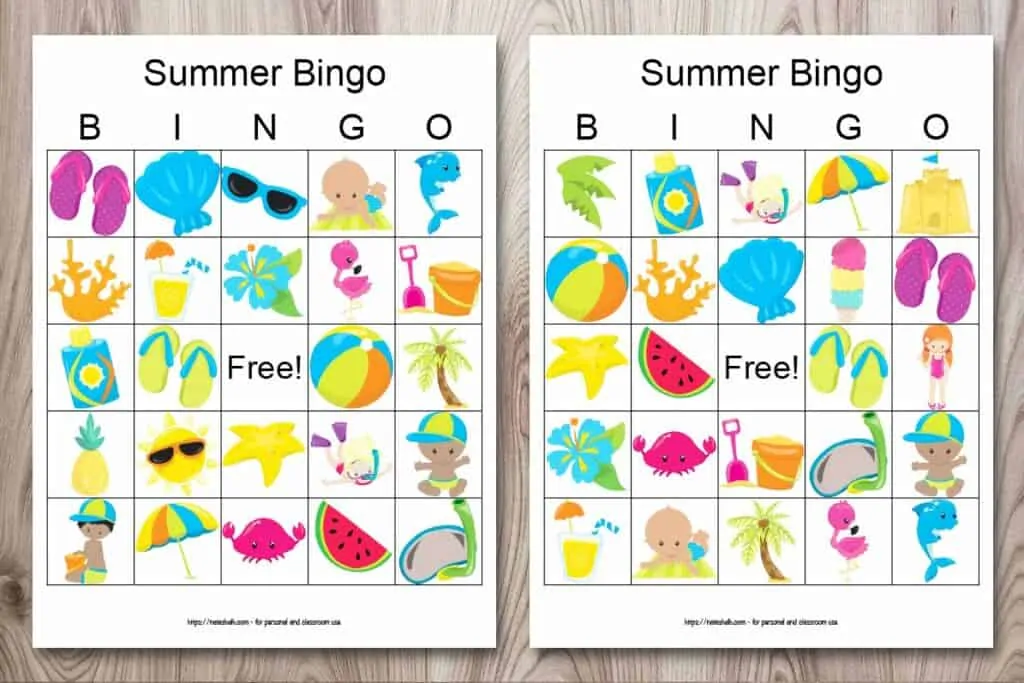Two printable summer bingo cards on a wood background. Each bingo card printable features 24 cartoon summer images like a beach ball, flip flops, an umbrella, and ice cream.