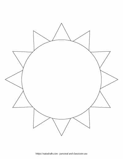 A preview of a printable black and white sun template. The simple sun outline fills the entire page. On the bottom is written "natashalh.com - personal and classroom use only"