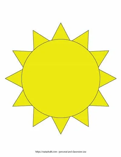 A preview of a yellow sun template. The sun outline fills the entire page. On the bottom is written "natashalh.com - personal and classroom use only"