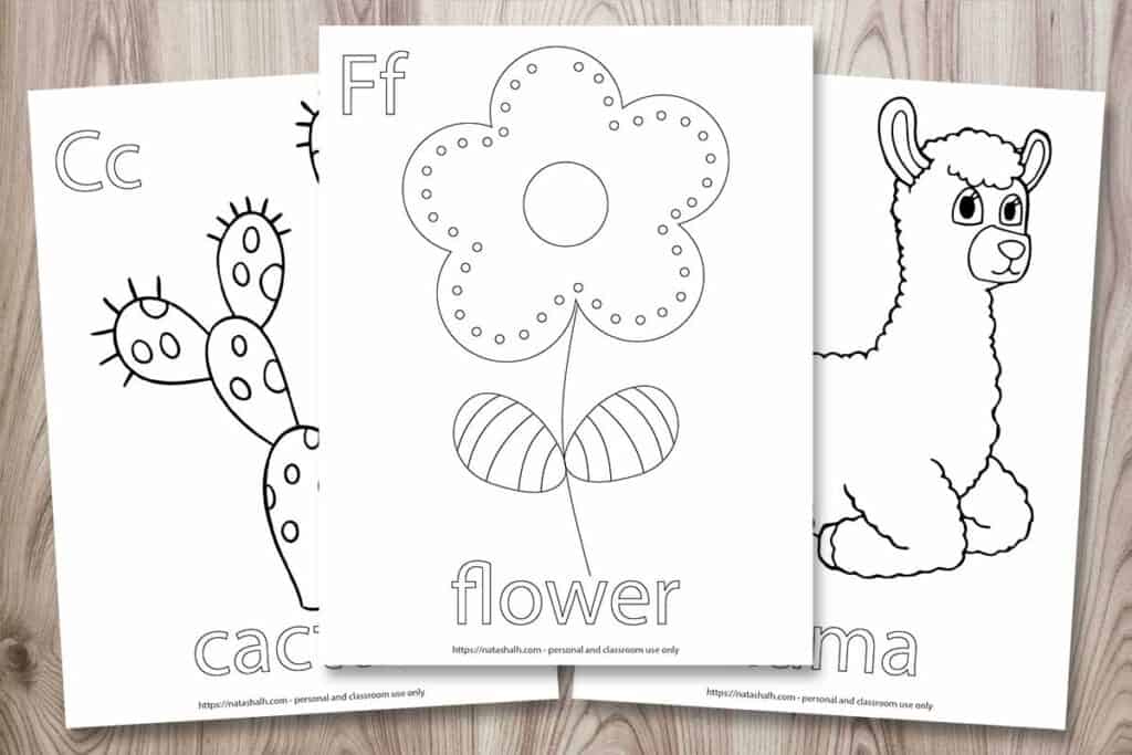 Three coloring pages for young children. One has a flower to color along with the text "Ff flower" Another page has a cactus to color and "Cc cactus" and the final page has a llama and the text "Ll llama." The pages are fanned out on a  wood background 
