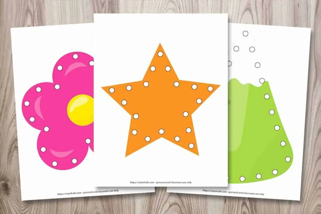 Three printable lacing cards for young children. One card is a pink flower. Another card is an orange star. The third image is a green mountain.