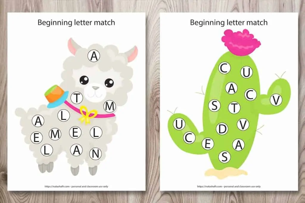 Two free printable beginning letter match worksheets. One has a llama and the other has a cactus. Each image has circles with letters so a child can use a dot marker to cover the letter L or C, respectively. 