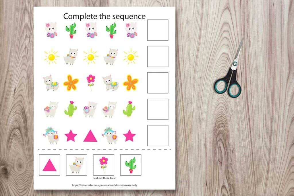 Complete the sequence worksheet featuring cartoon llama and desert images. There are five different patterns to complete with cut and paste tiles 