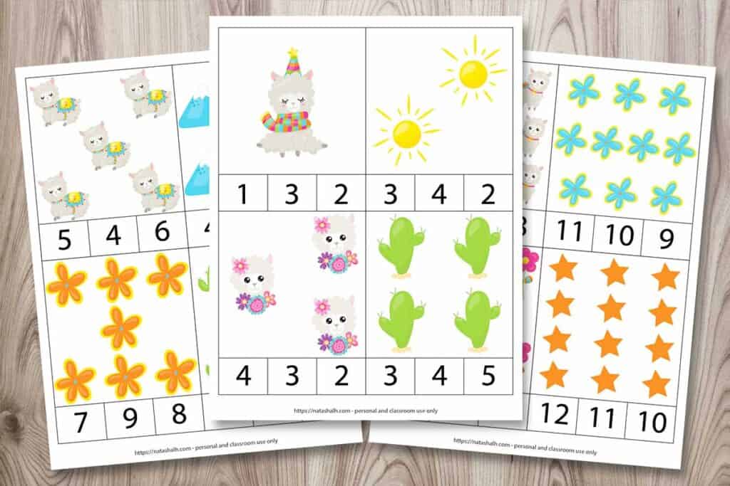 Three pages of printable counting clip cards featuring llama themed cartoon images. There are four cards to each page for a total of 12 cards with numbers 1-12. Each card has three numbers so a child can count the pictures and select the correct number from the provided choices.