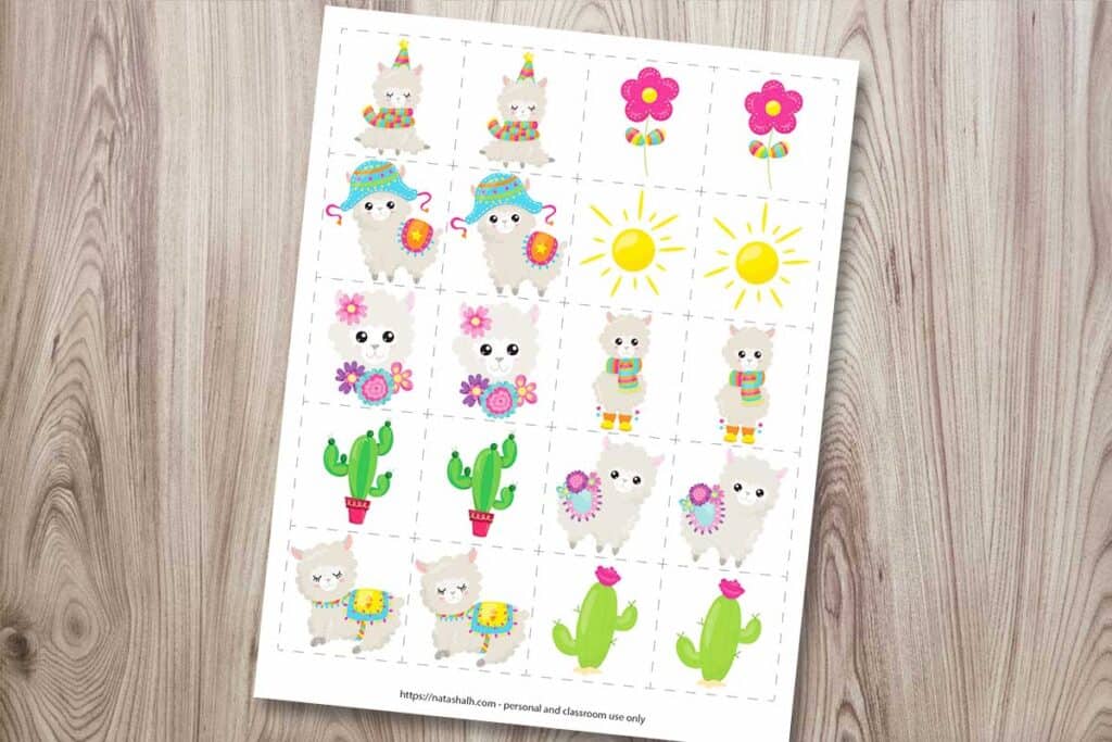 A set of llama themed matching cards on a wood background. The page features 10 cartoon llama and dessert images on 2" squares to play a matching or memory game.
