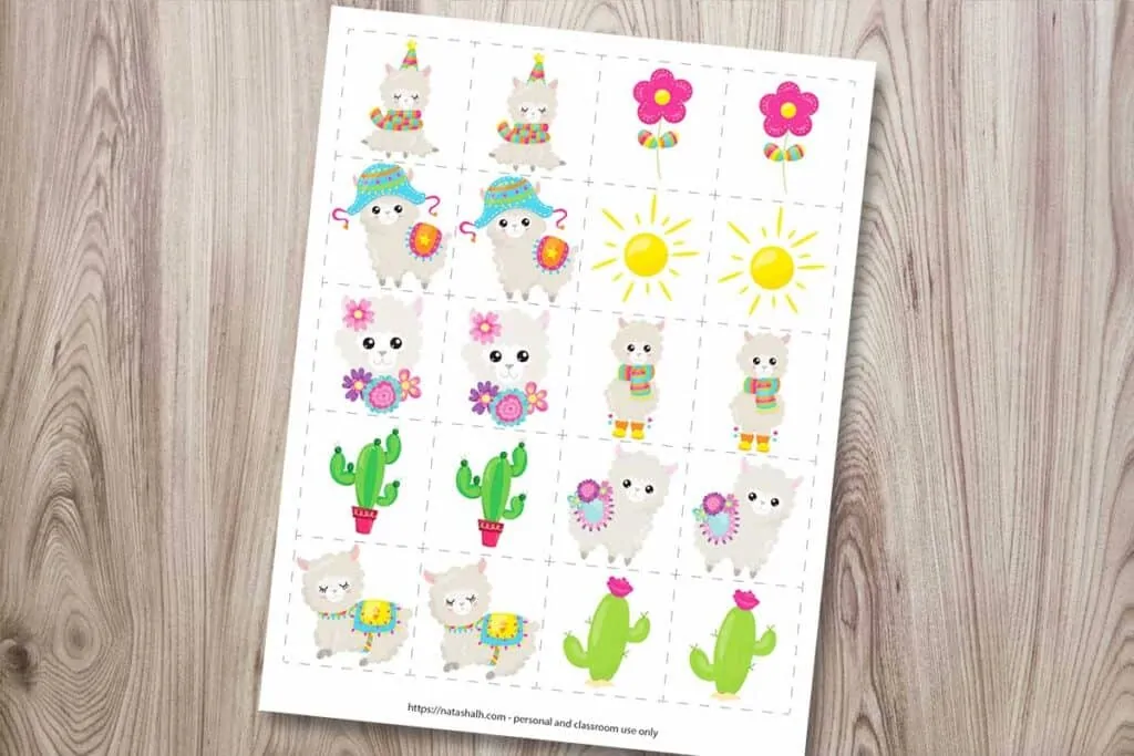 A set of llama themed matching cards on a wood background. The page features 10 cartoon llama and dessert images on 2" squares to play a matching or memory game.