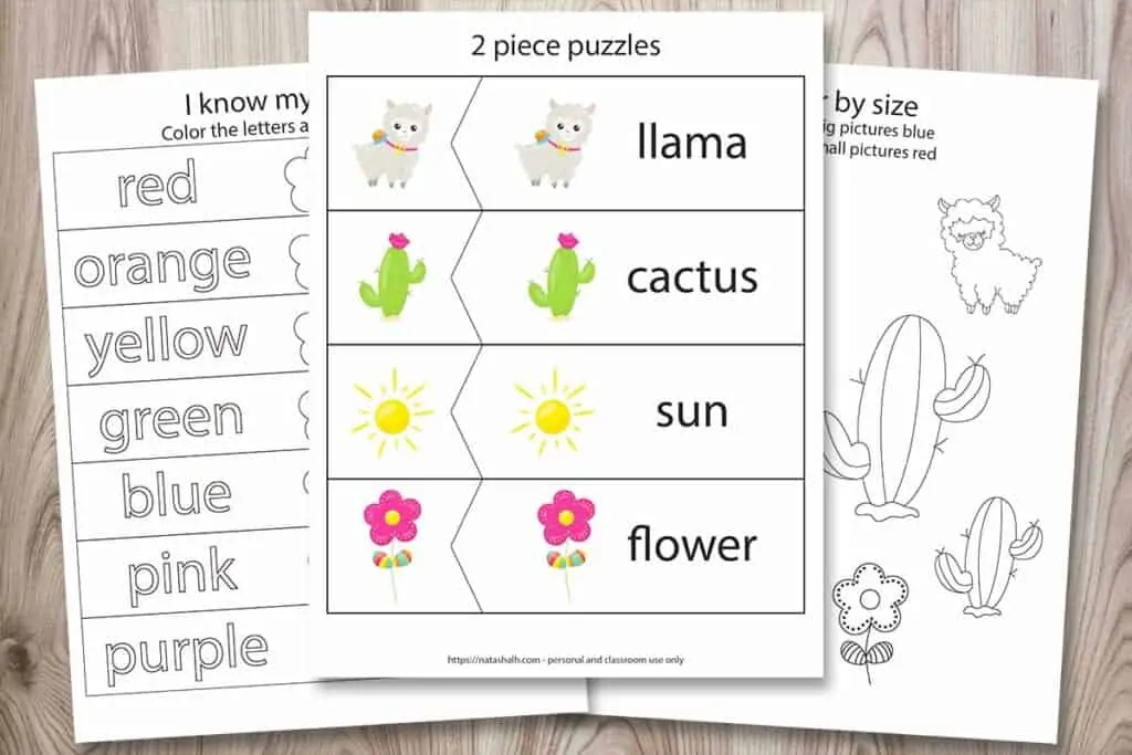 Three free printables from a llama preschool learning pack. The front image has 2 piece puzzles with llama-related images (a cartoon llama, cactus, sun, and flower). There is also a page called "I know my colors!" with flowers to color and a color by size printable for size differentiation. All printables are on a wood background.